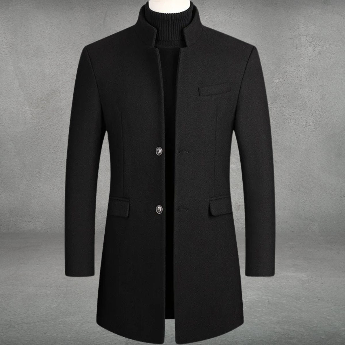 Men's Overcoat with Stand Collar and Button-Front Closure