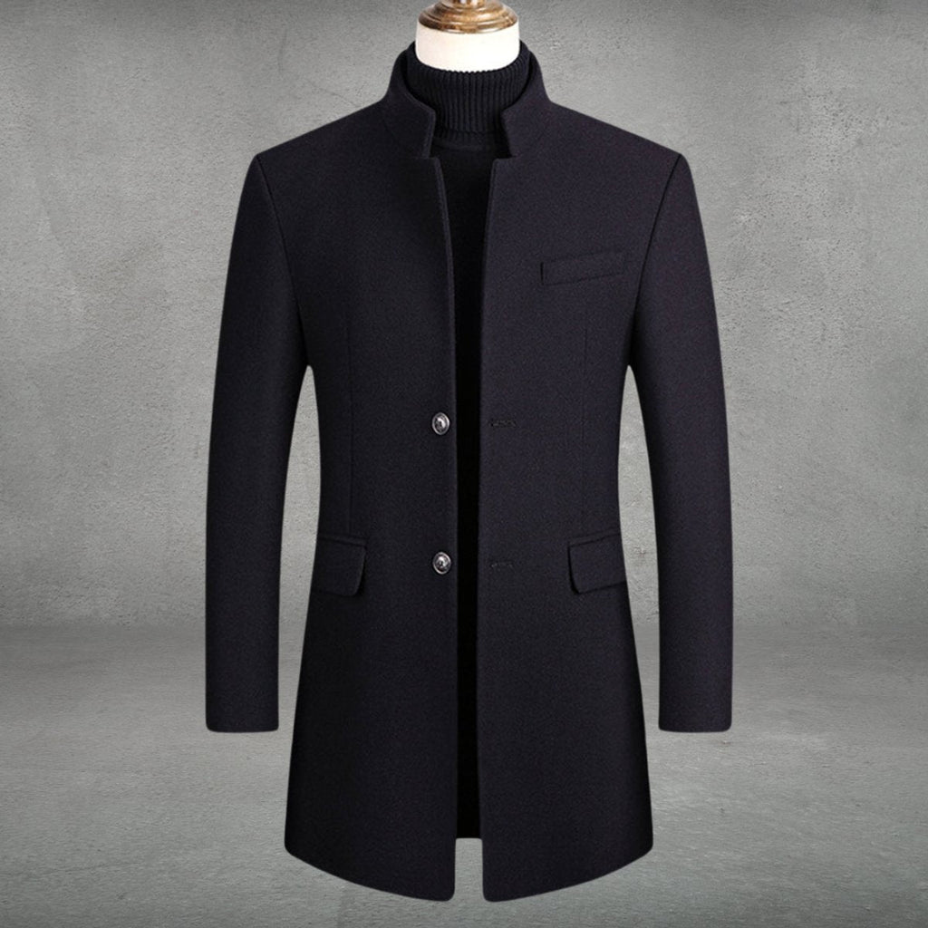 Men's Overcoat with Stand Collar and Button-Front Closure