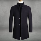 Men's Overcoat with Stand Collar and Button-Front Closure