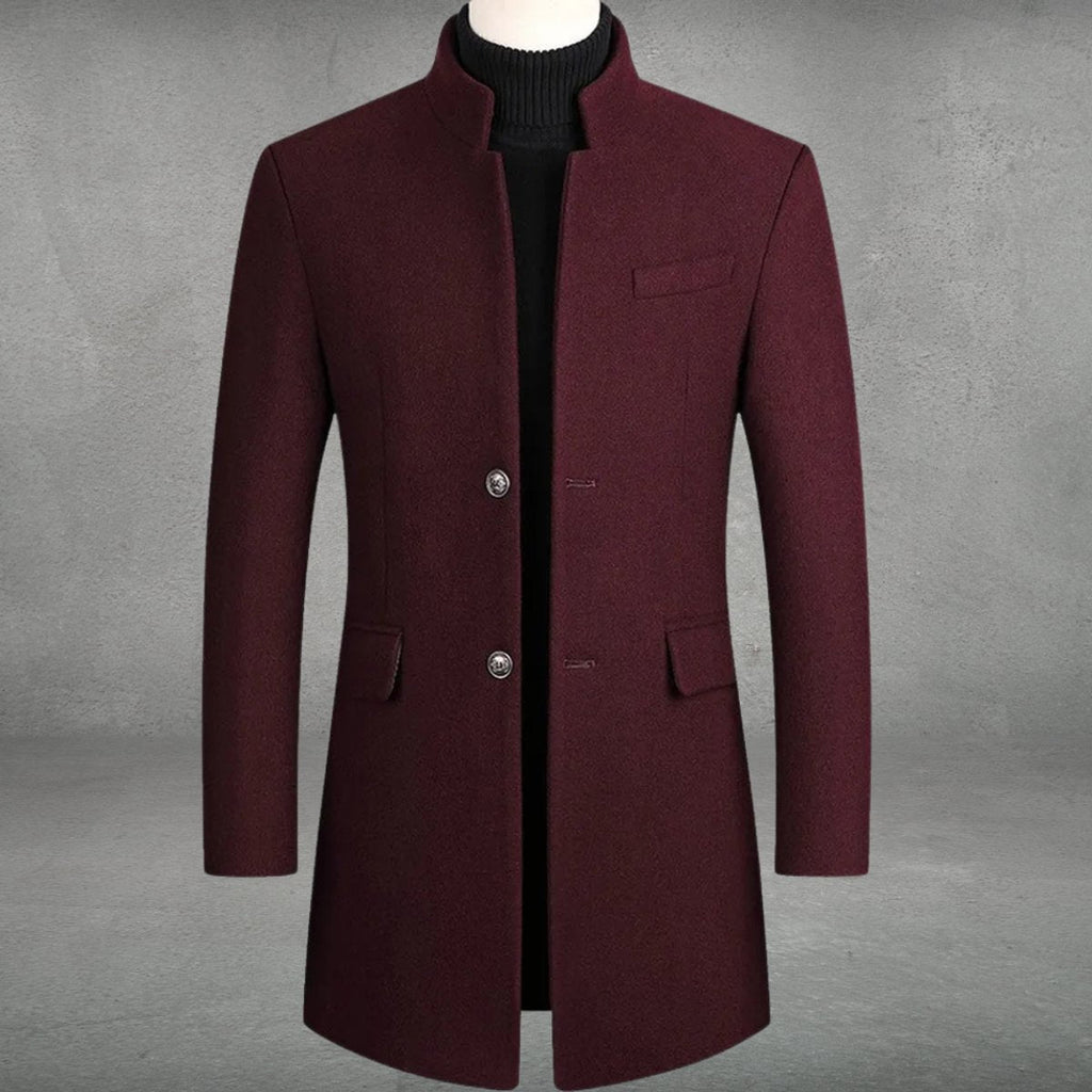 Men's Overcoat with Stand Collar and Button-Front Closure