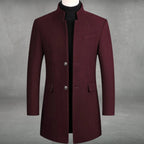 Men's Overcoat with Stand Collar and Button-Front Closure