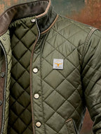 Men's Quilted Bomber Jacket with Stand Collar and Snap-Button Closure