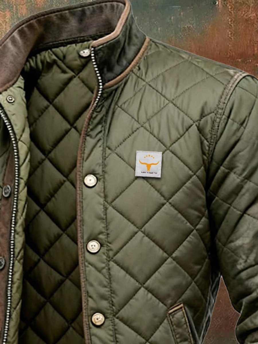 Men's Quilted Bomber Jacket with Stand Collar and Snap-Button Closure