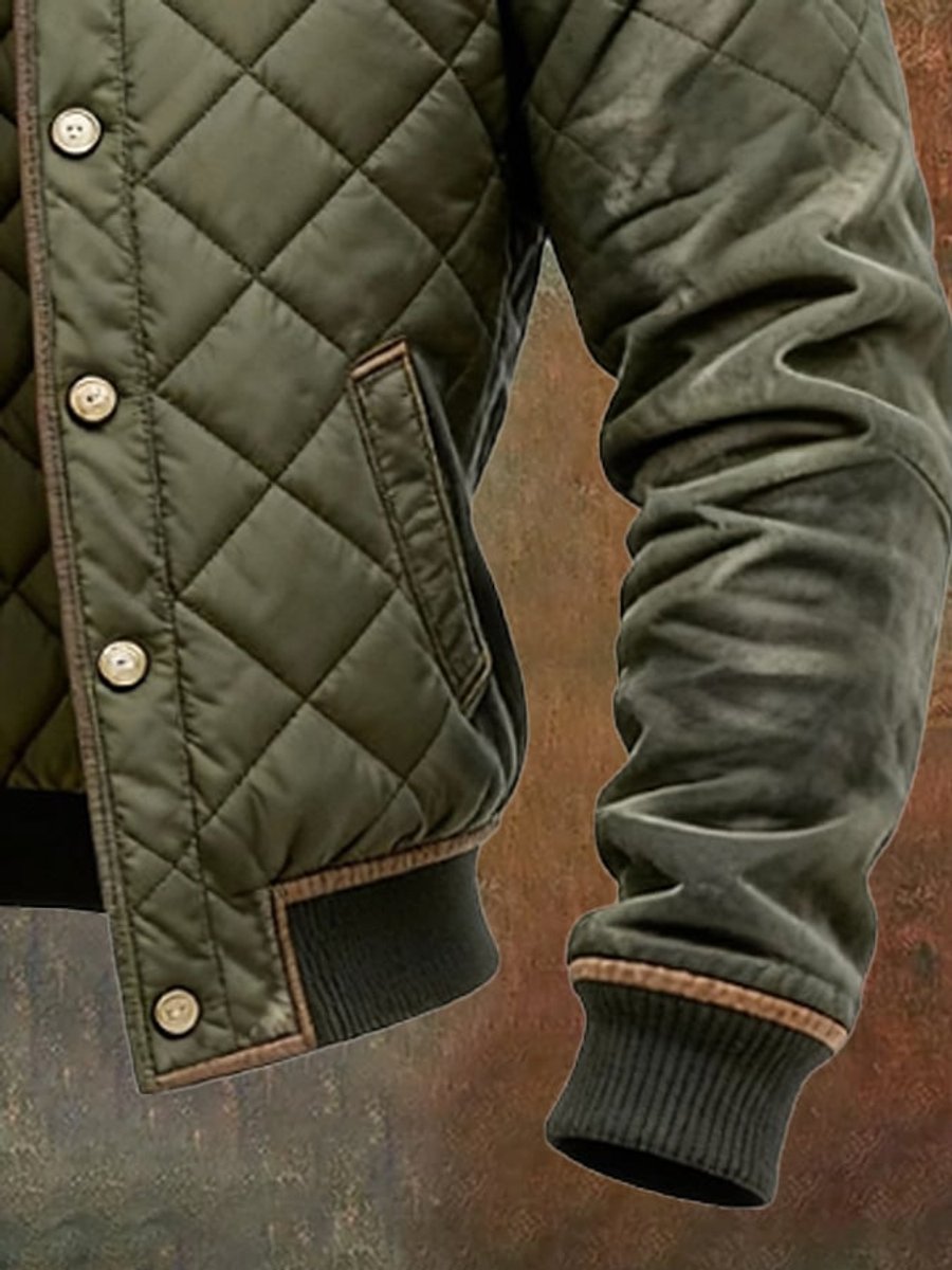 Men's Quilted Bomber Jacket with Stand Collar and Snap-Button Closure