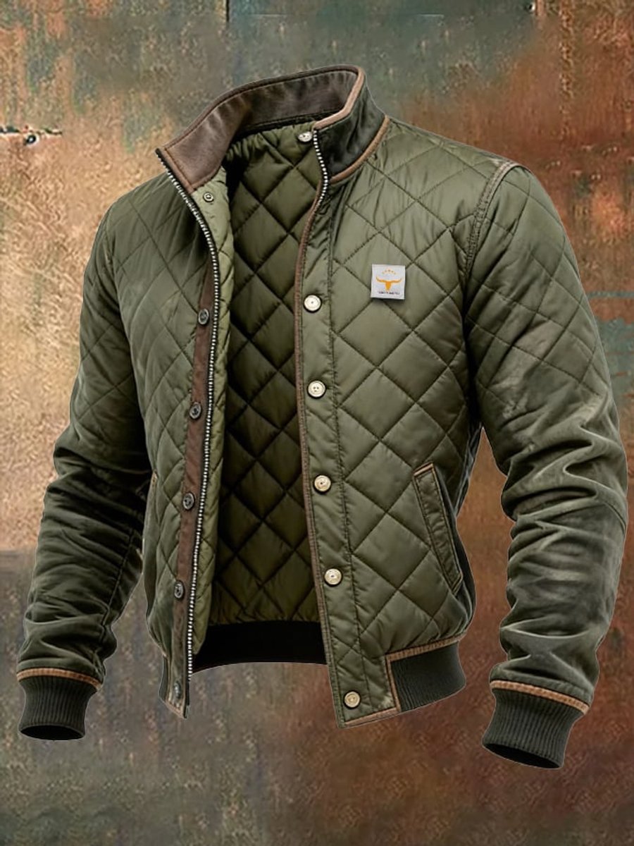 Men's Quilted Bomber Jacket with Stand Collar and Snap-Button Closure