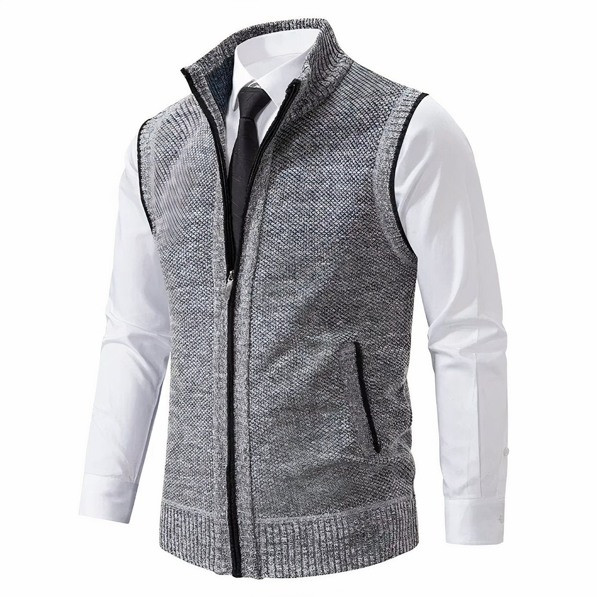 Men's Sweater Vest with Zip-Up Closure and Stand Collar