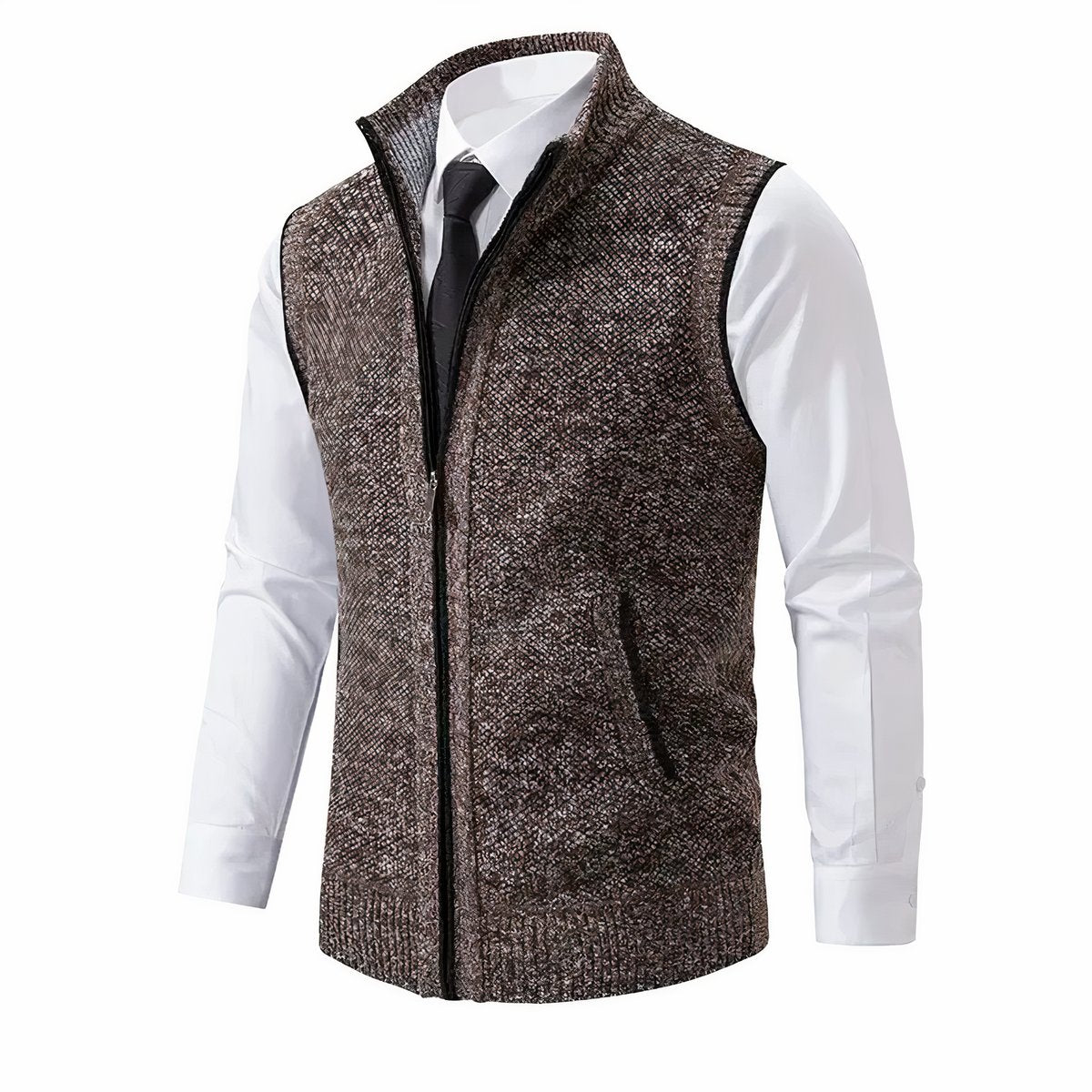 Men's Sweater Vest with Zip-Up Closure and Stand Collar