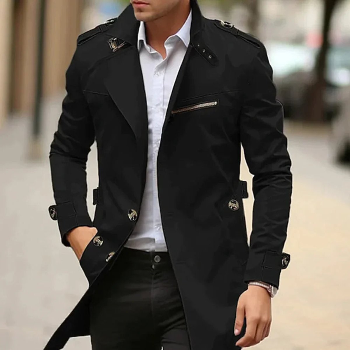 Men's Trench Coat with Double-Breasted Button Closure and Epaulet Shoulders