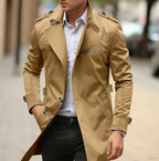 Men's Trench Coat with Double-Breasted Button Closure and Epaulet Shoulders