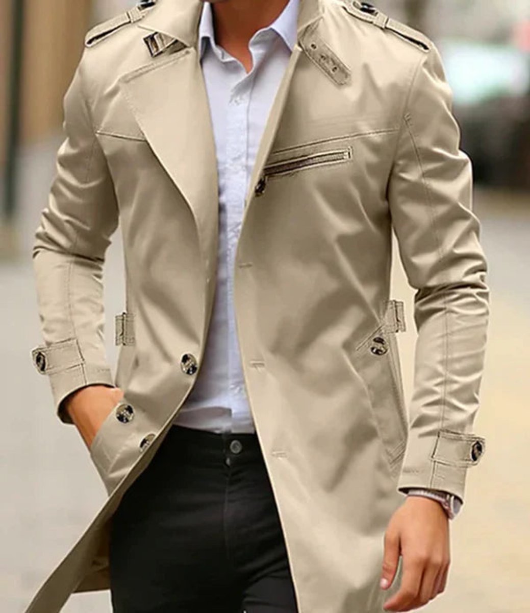 Men's Trench Coat with Double-Breasted Button Closure and Epaulet Shoulders