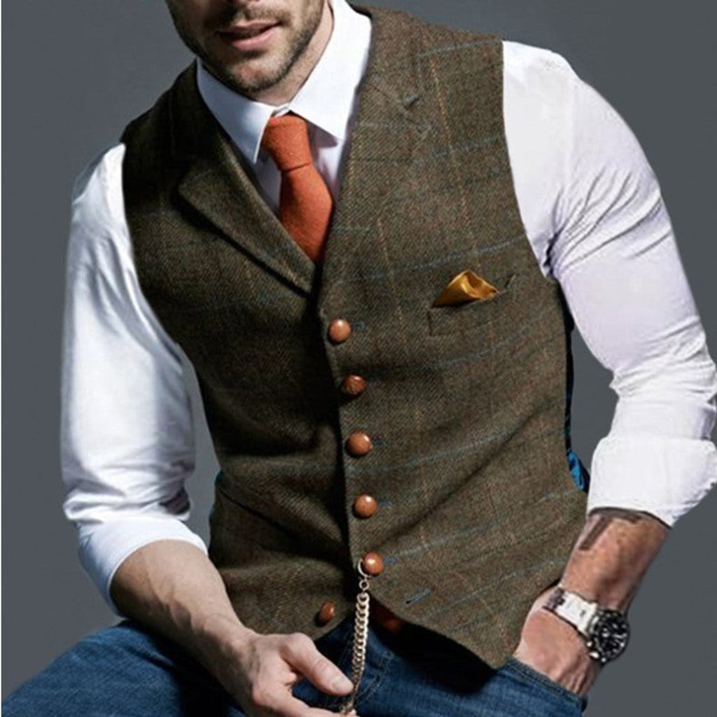 Men's Vest with Plaid Pattern, Slim Fit and Button-Up Closure