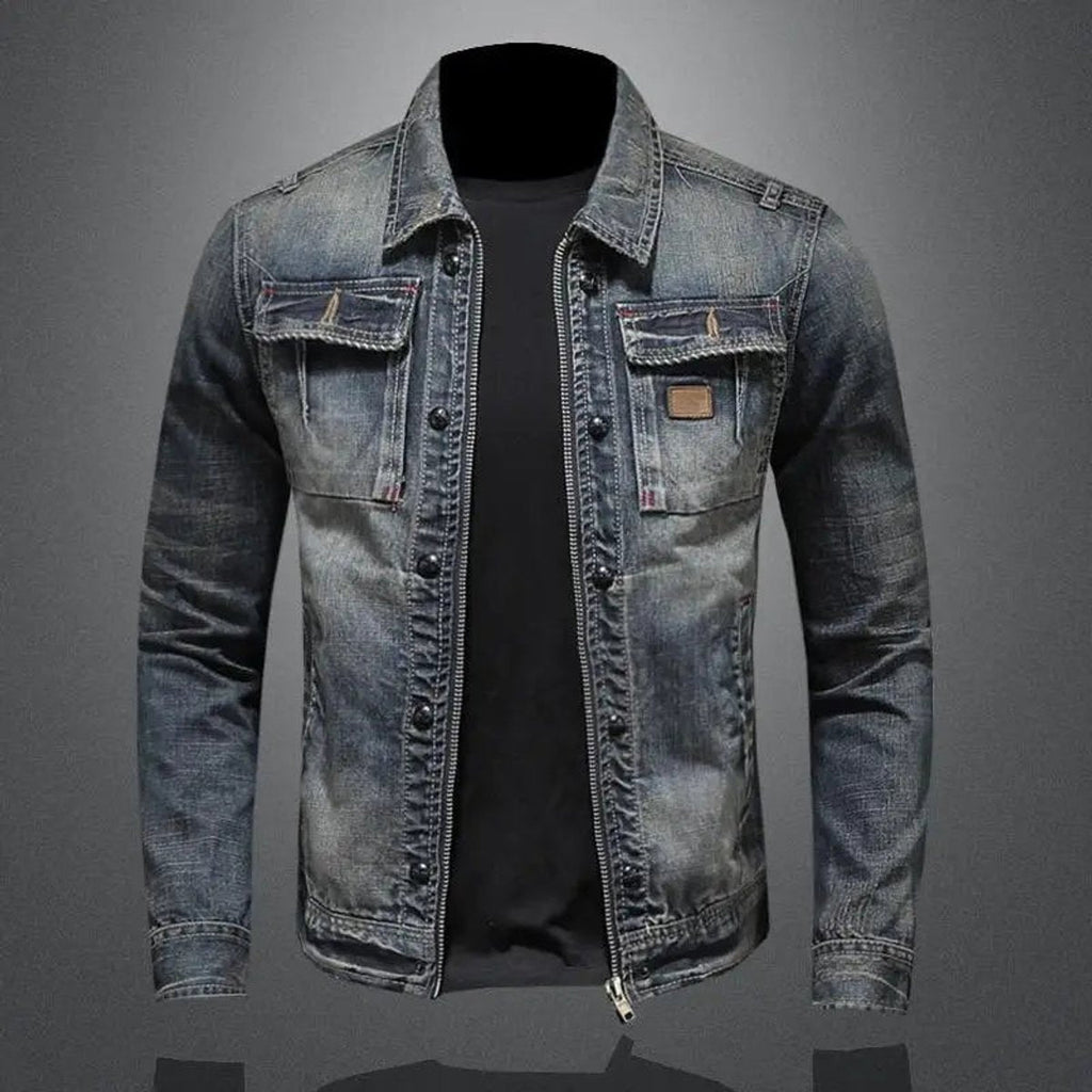 Men's Washed Denim Jacket with Zip Front and Dual Chest Pockets