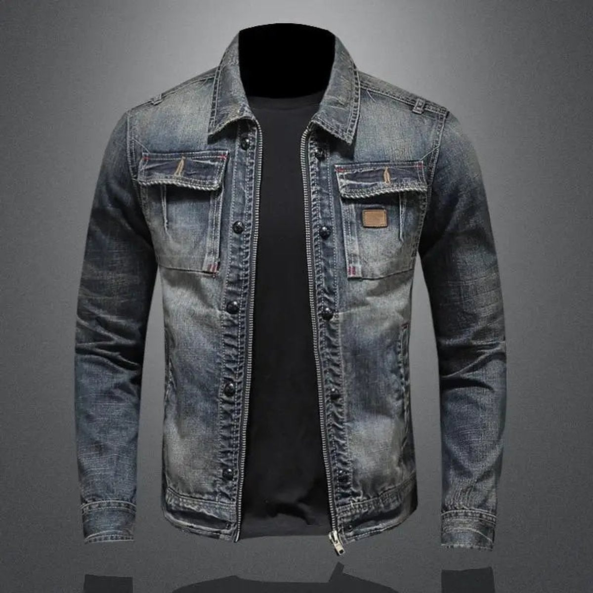 Men's Washed Denim Jacket with Zip Front and Dual Chest Pockets