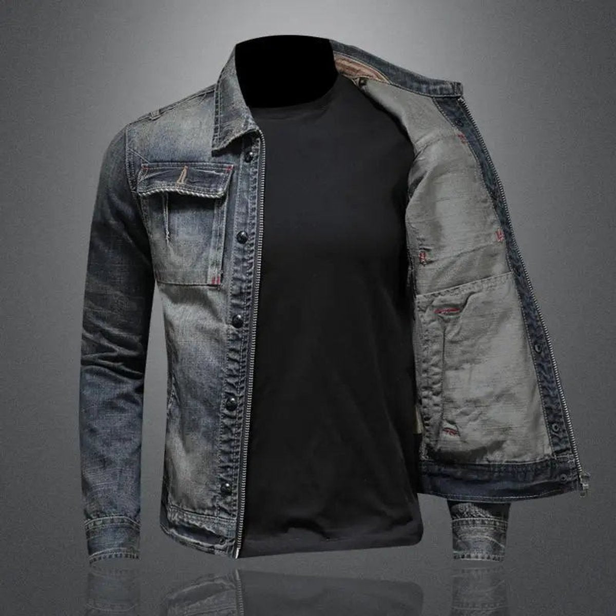 Men's Washed Denim Jacket with Zip Front and Dual Chest Pockets