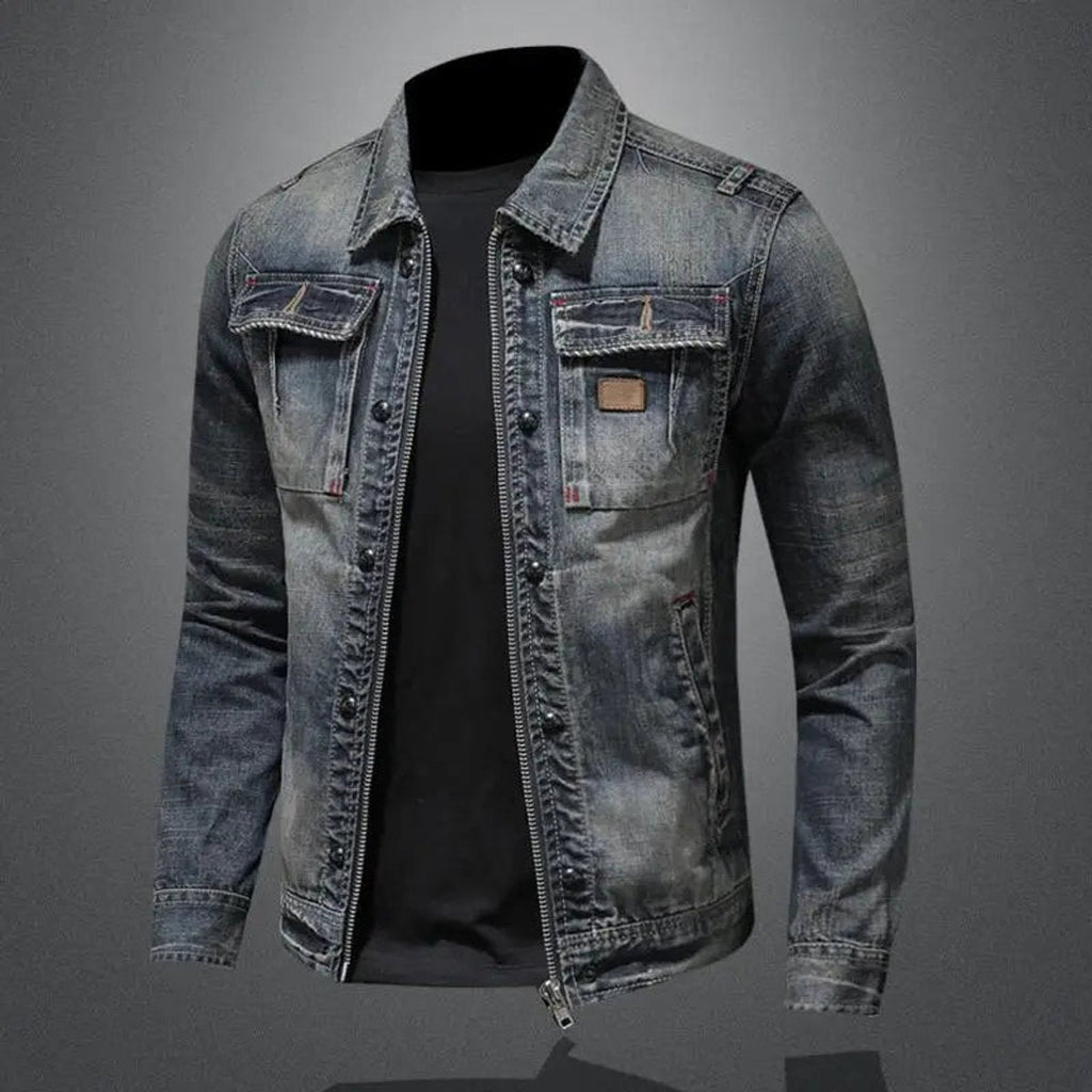 Men's Washed Denim Jacket with Zip Front and Dual Chest Pockets