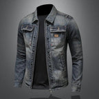 Men's Washed Denim Jacket with Zip Front and Dual Chest Pockets