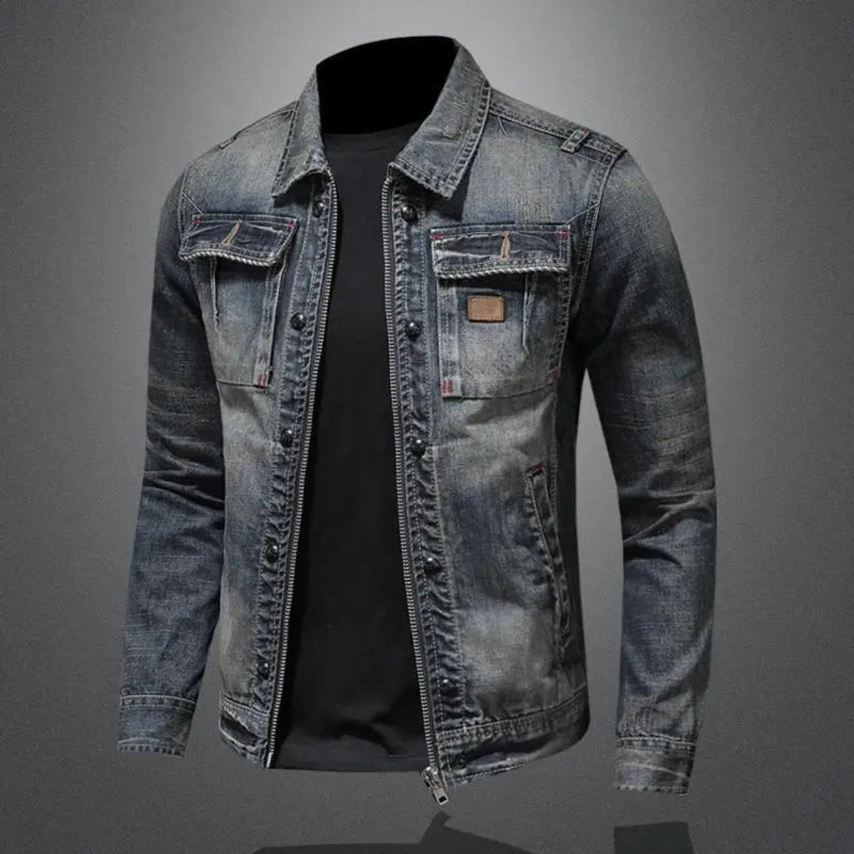 Men's Washed Denim Jacket with Zip Front and Dual Chest Pockets