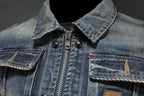 Men's Washed Denim Jacket with Zip Front and Dual Chest Pockets