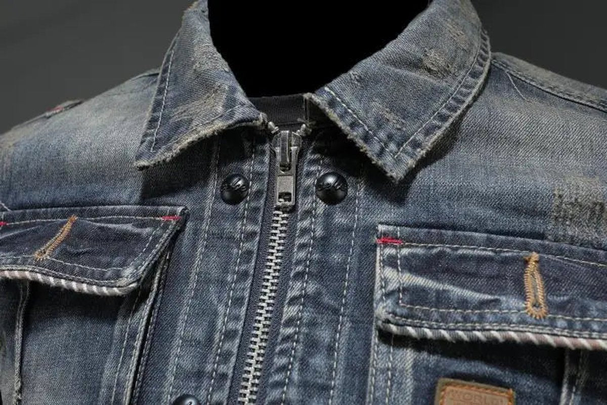 Men's Washed Denim Jacket with Zip Front and Dual Chest Pockets