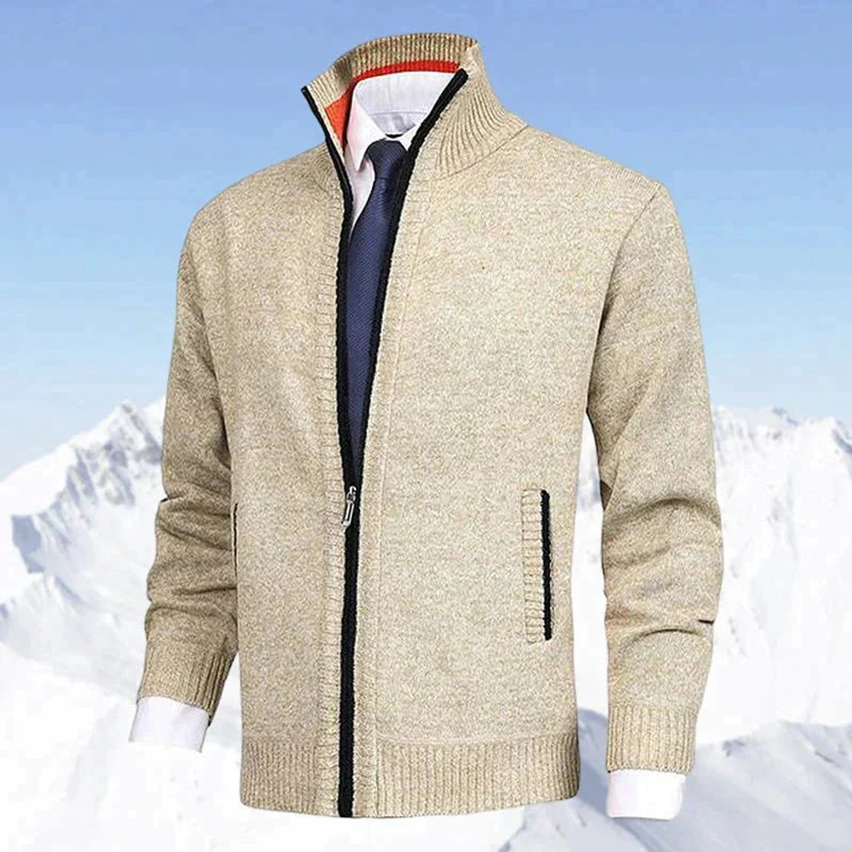 Men's Zip-Up Sweater with Stand Collar and Front Zip Pockets