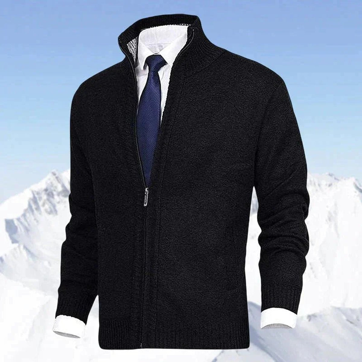 Men's Zip-Up Sweater with Stand Collar and Front Zip Pockets