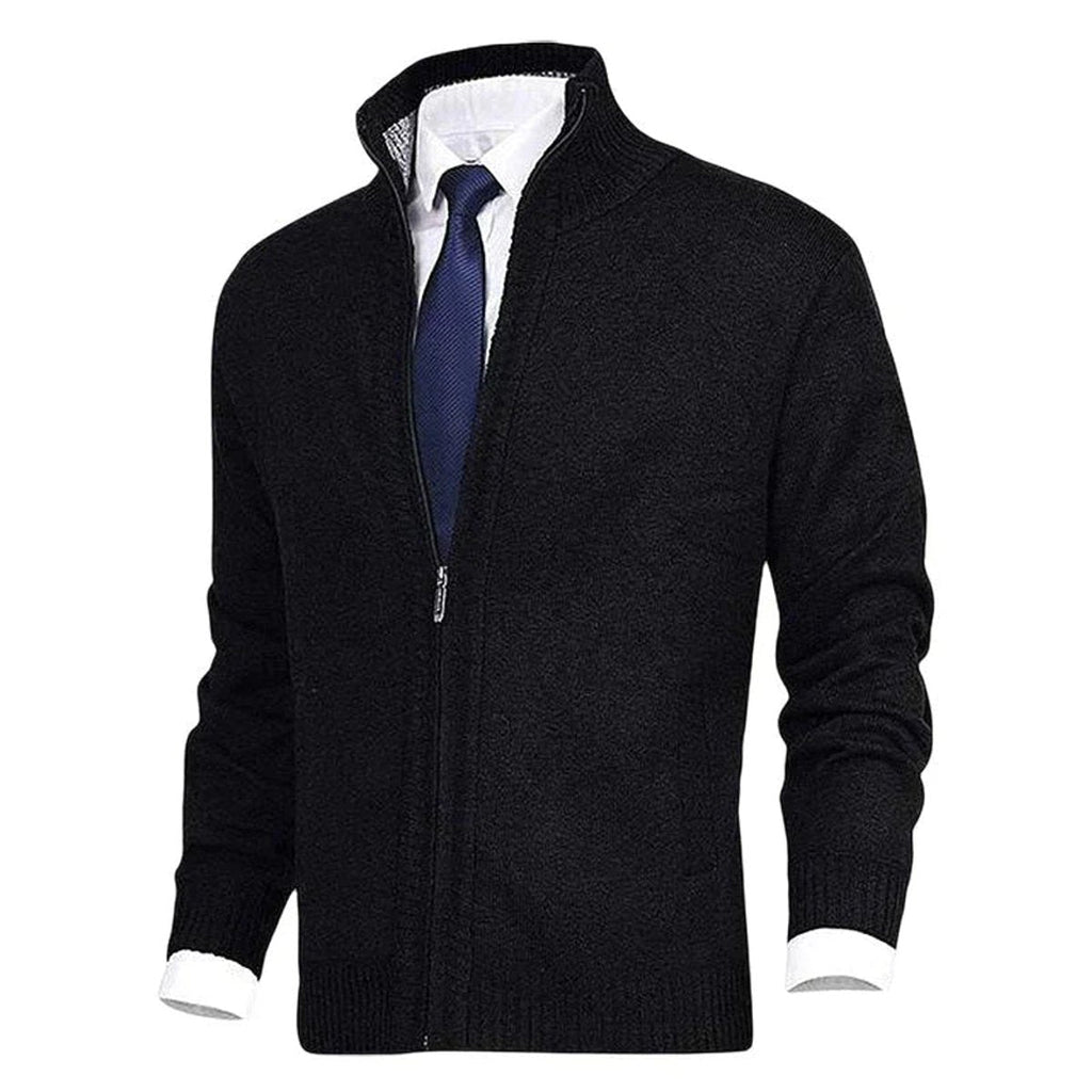 Men's Zip-Up Sweater with Stand Collar and Front Zip Pockets