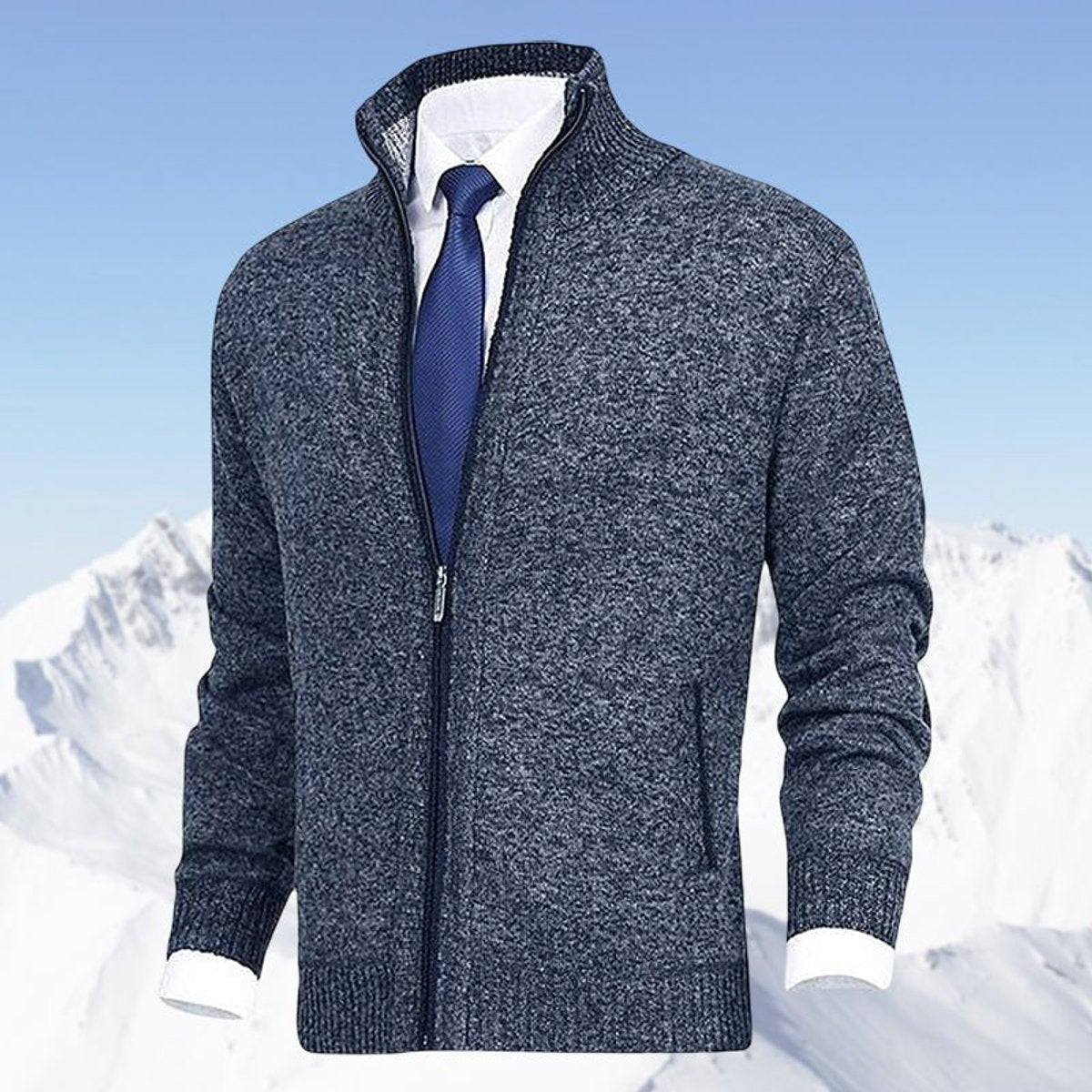 Men's Zip-Up Sweater with Stand Collar and Front Zip Pockets