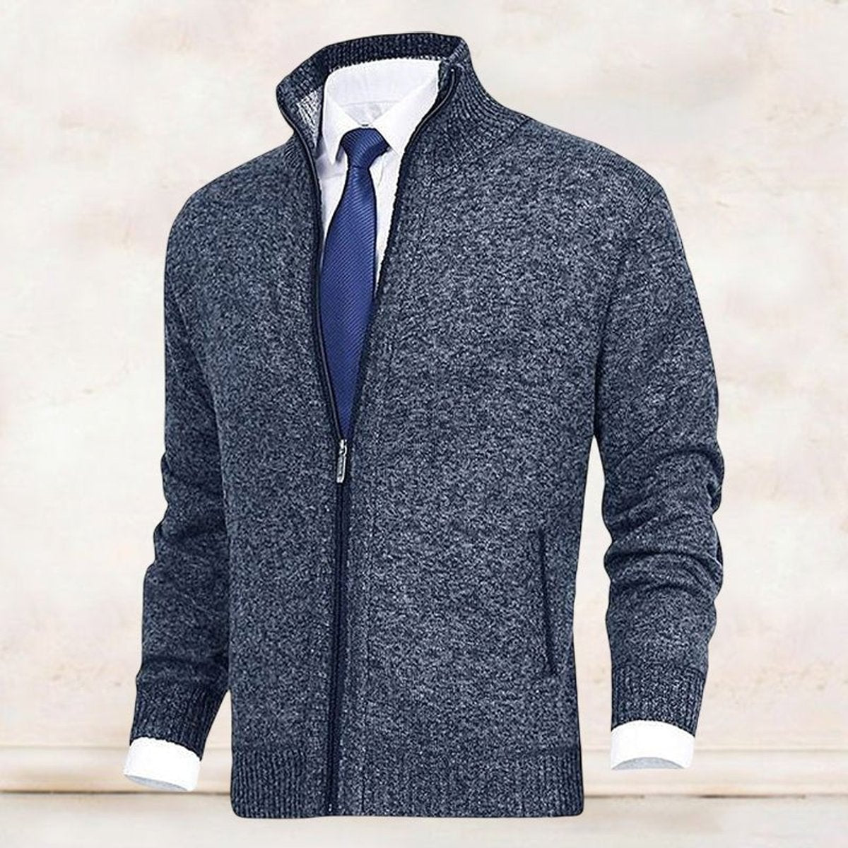 Men's Zip-Up Sweater with Stand Collar and Front Zip Pockets
