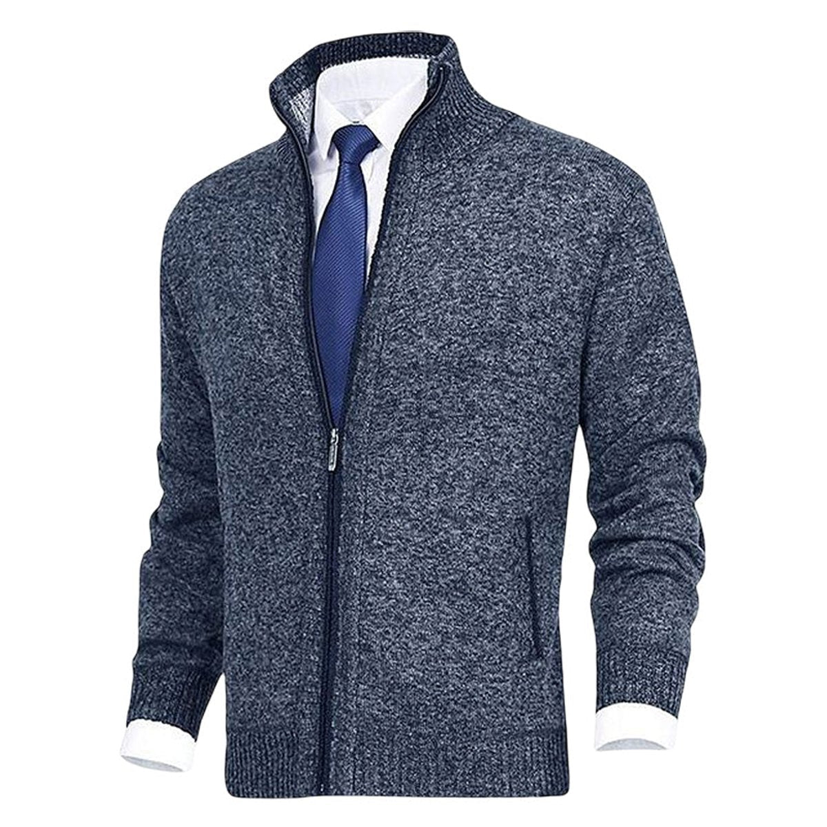 Men's Zip-Up Sweater with Stand Collar and Front Zip Pockets