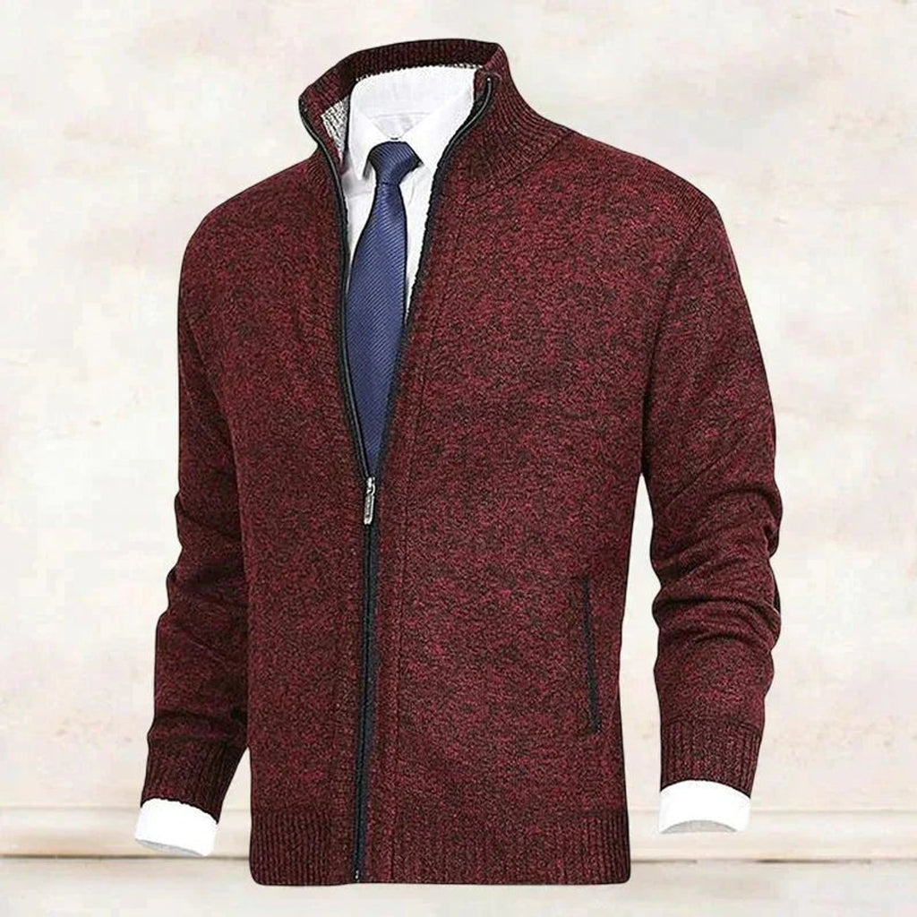 Men's Zip-Up Sweater with Stand Collar and Front Zip Pockets