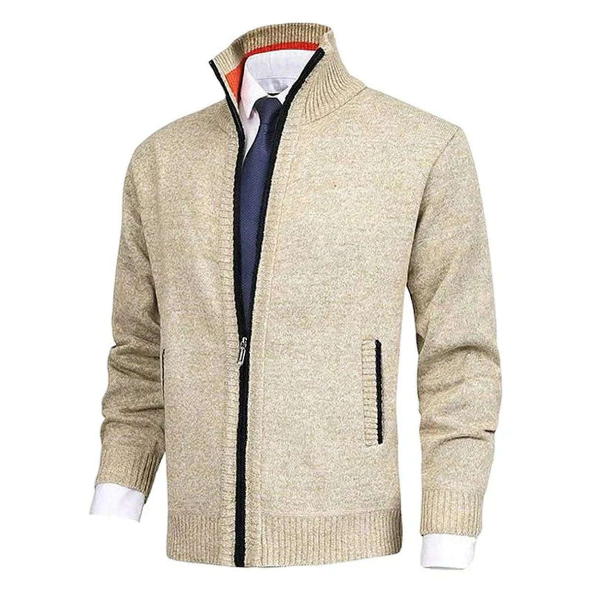 Men's Zip-Up Sweater with Stand Collar and Front Zip Pockets