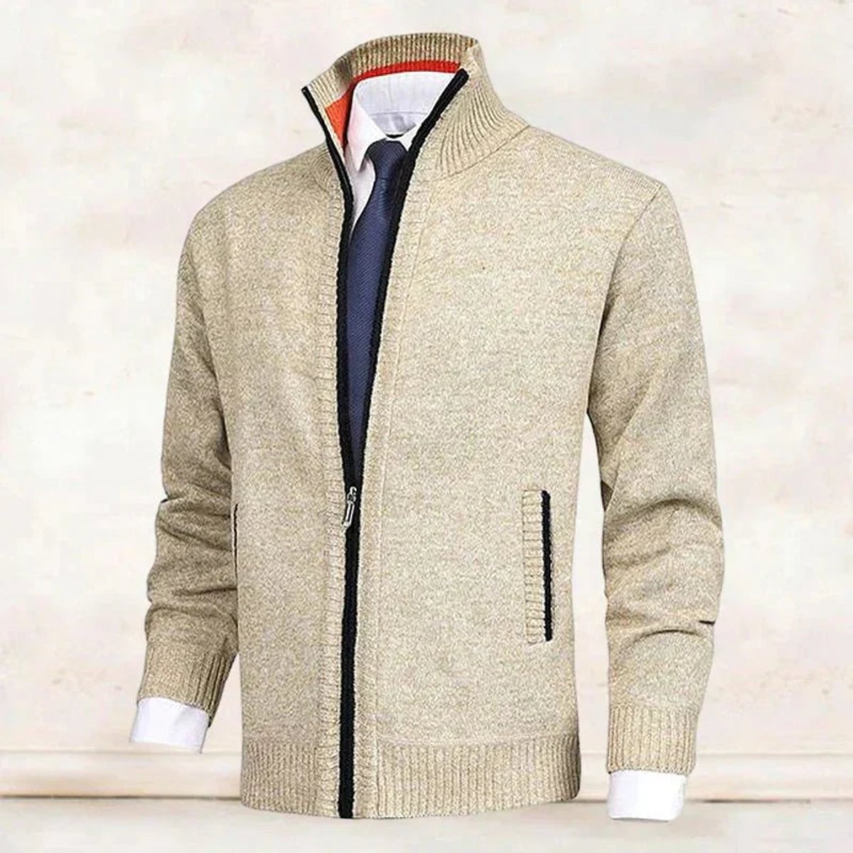 Men's Zip-Up Sweater with Stand Collar and Front Zip Pockets