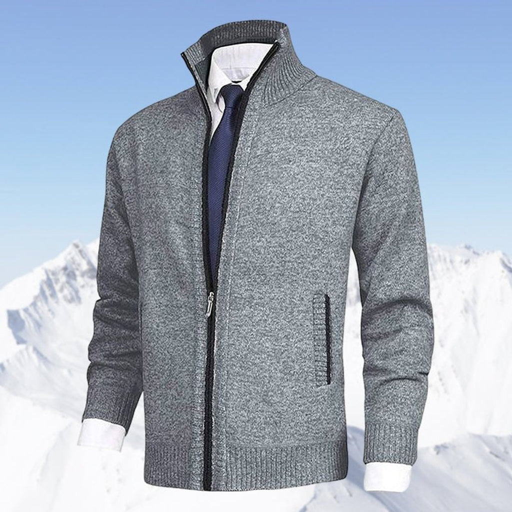 Men's Zip-Up Sweater with Stand Collar and Front Zip Pockets