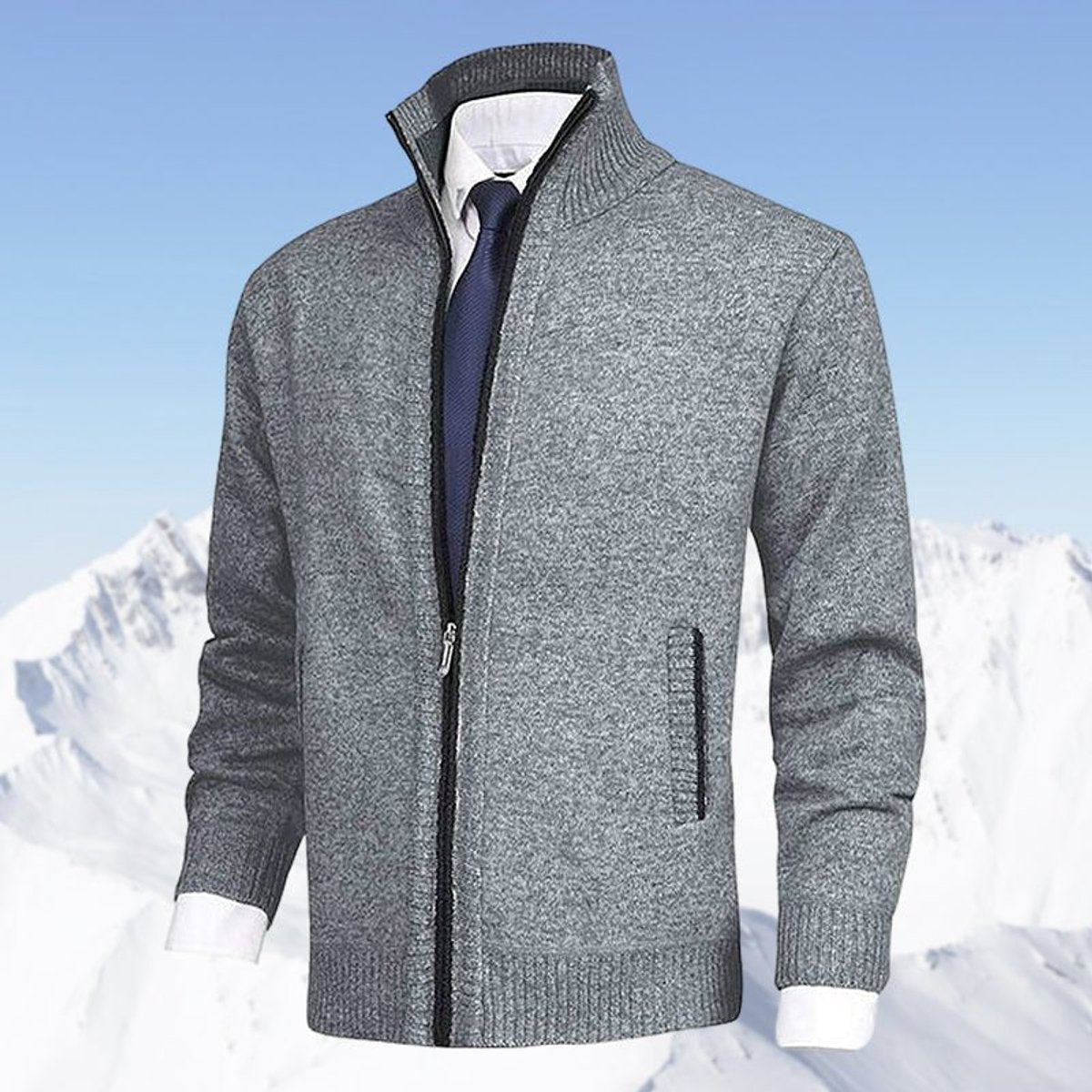 Men's Zip-Up Sweater with Stand Collar and Front Zip Pockets