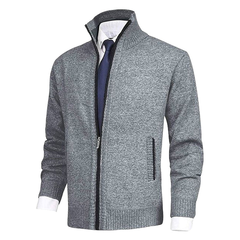 Men's Zip-Up Sweater with Stand Collar and Front Zip Pockets