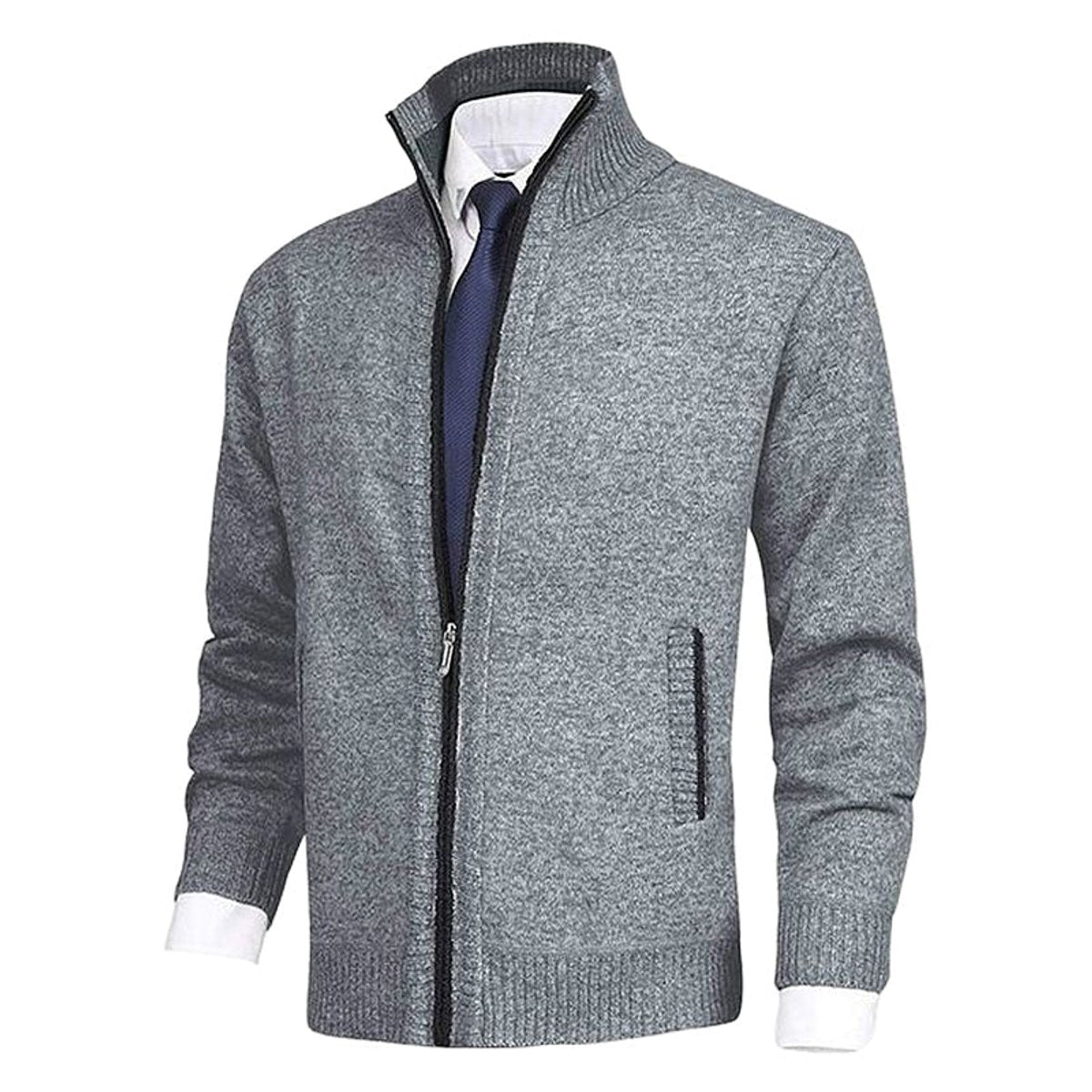 Men's Zip-Up Sweater with Stand Collar and Front Zip Pockets