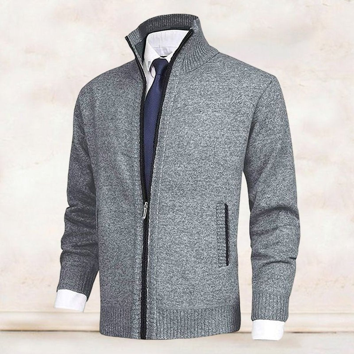 Men's Zip-Up Sweater with Stand Collar and Front Zip Pockets