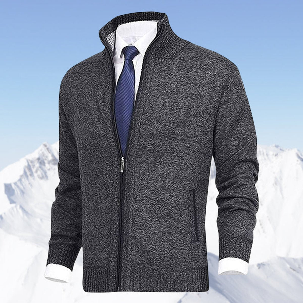 Men's Zip-Up Sweater with Stand Collar and Front Zip Pockets