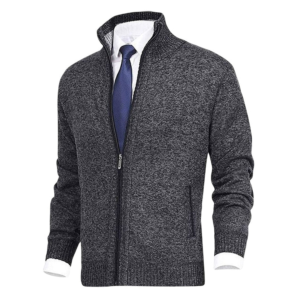 Men's Zip-Up Sweater with Stand Collar and Front Zip Pockets
