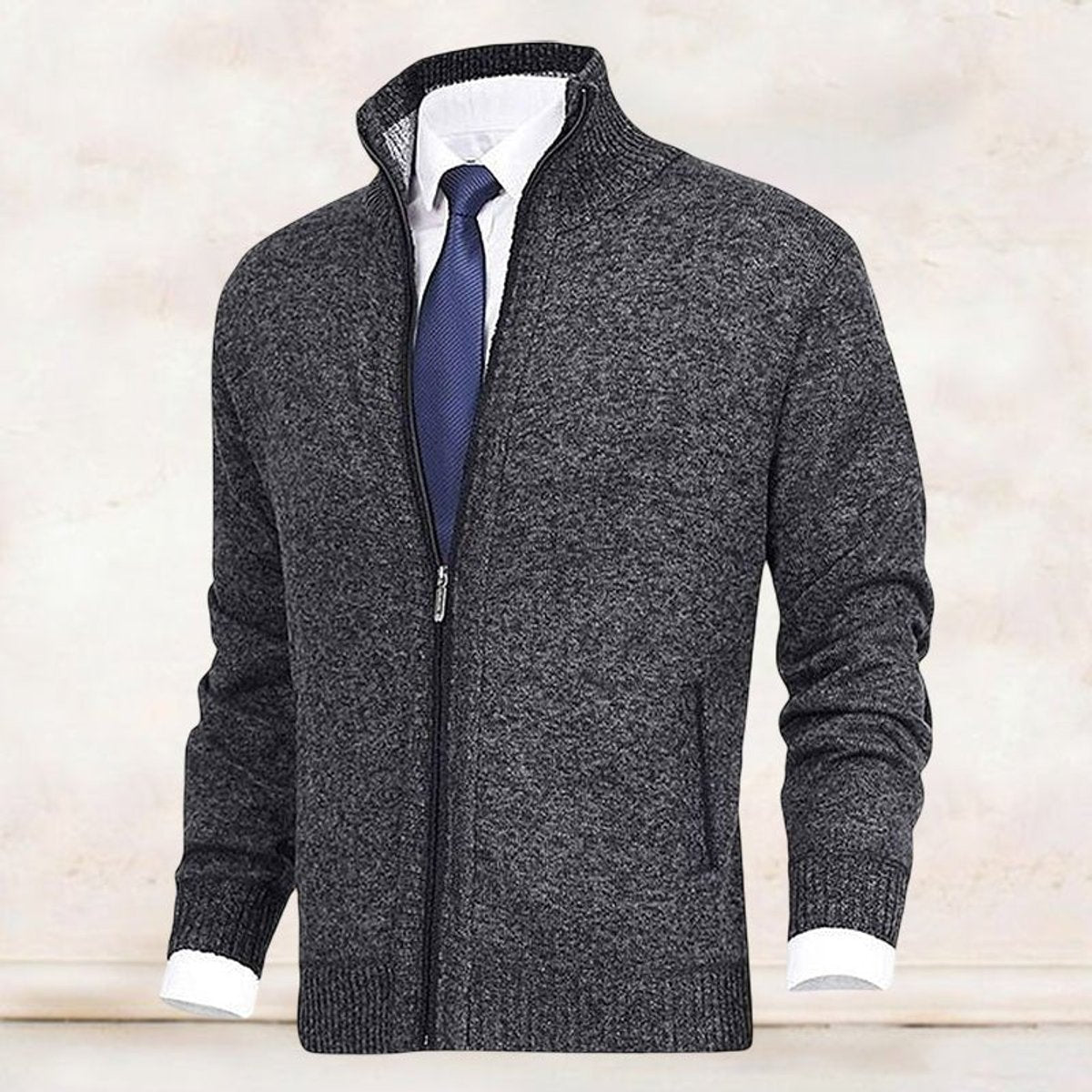 Men's Zip-Up Sweater with Stand Collar and Front Zip Pockets
