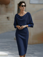 Women's Round Neck Midi Dress with Draped Silhouette