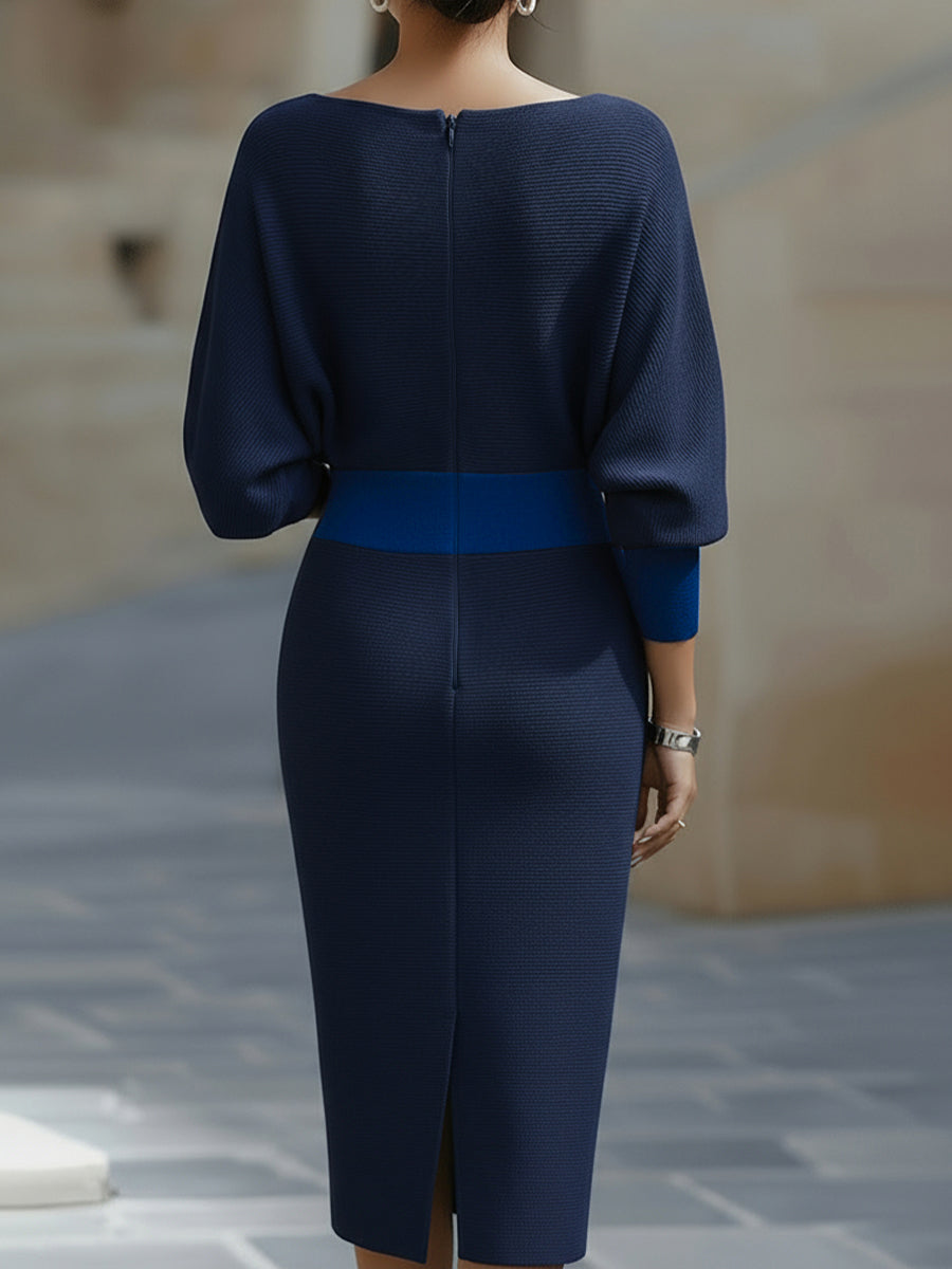 Women's Round Neck Midi Dress with Draped Silhouette