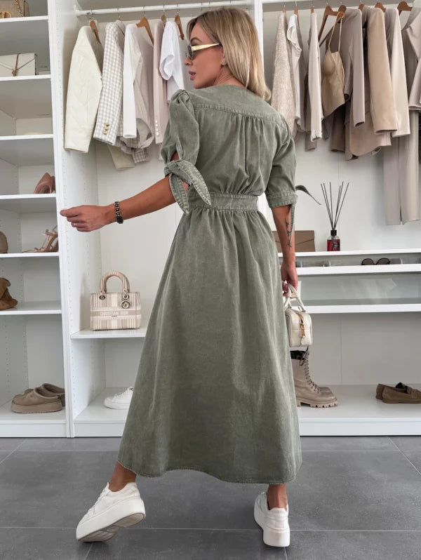 Elegant V-Neck Denim Dress for Women – Chic & Timeless Style