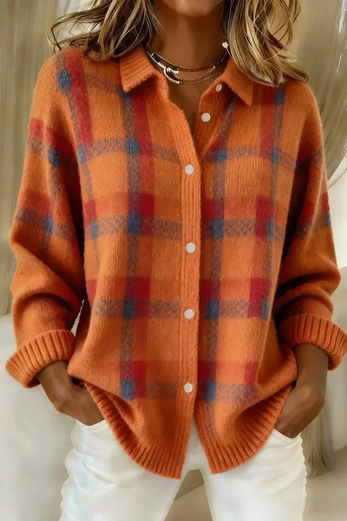 Women's Elegant Cozy Checkered Longline Cardigan