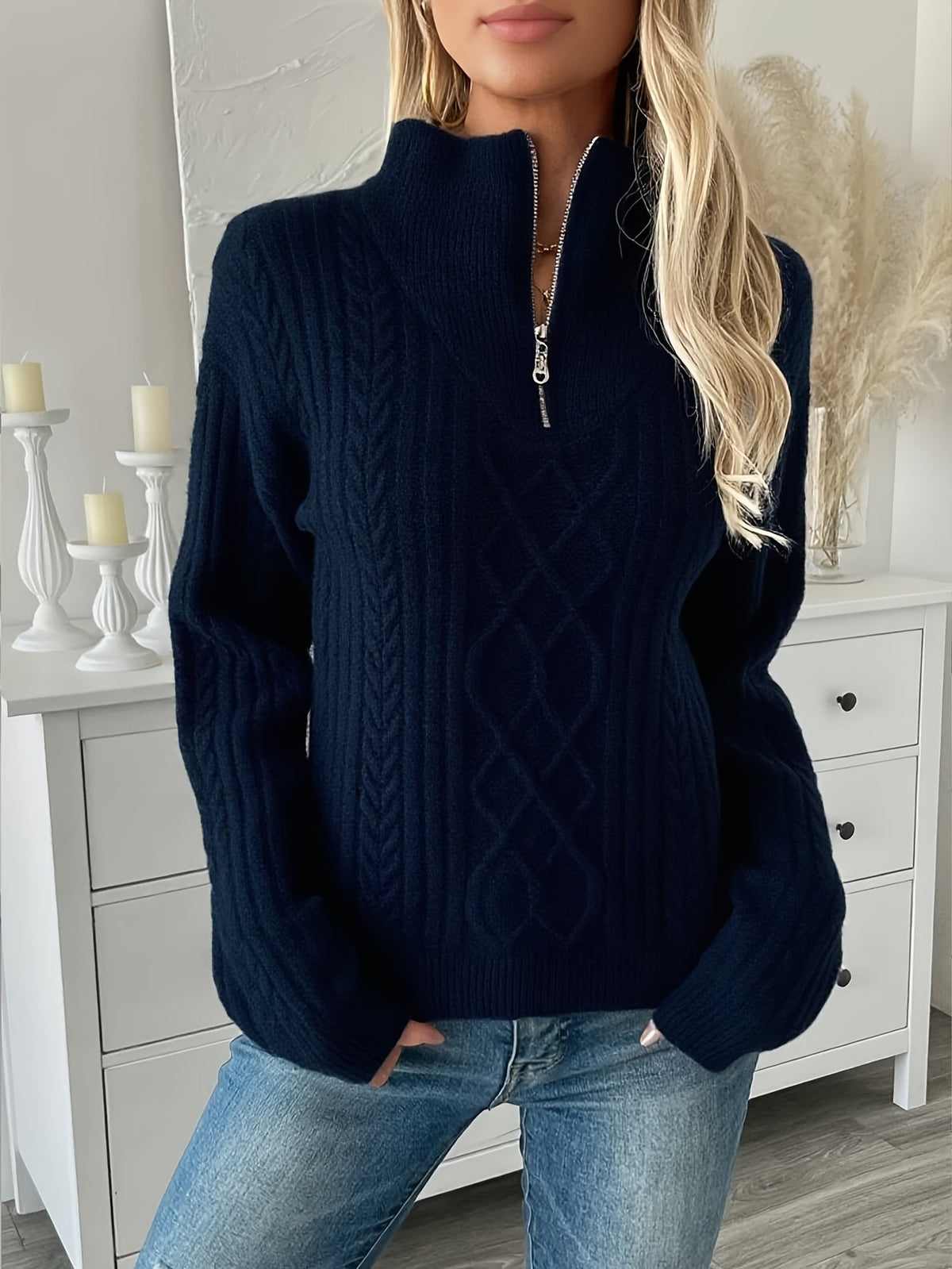 Cable Knit Quarter Zip Sweater for Women