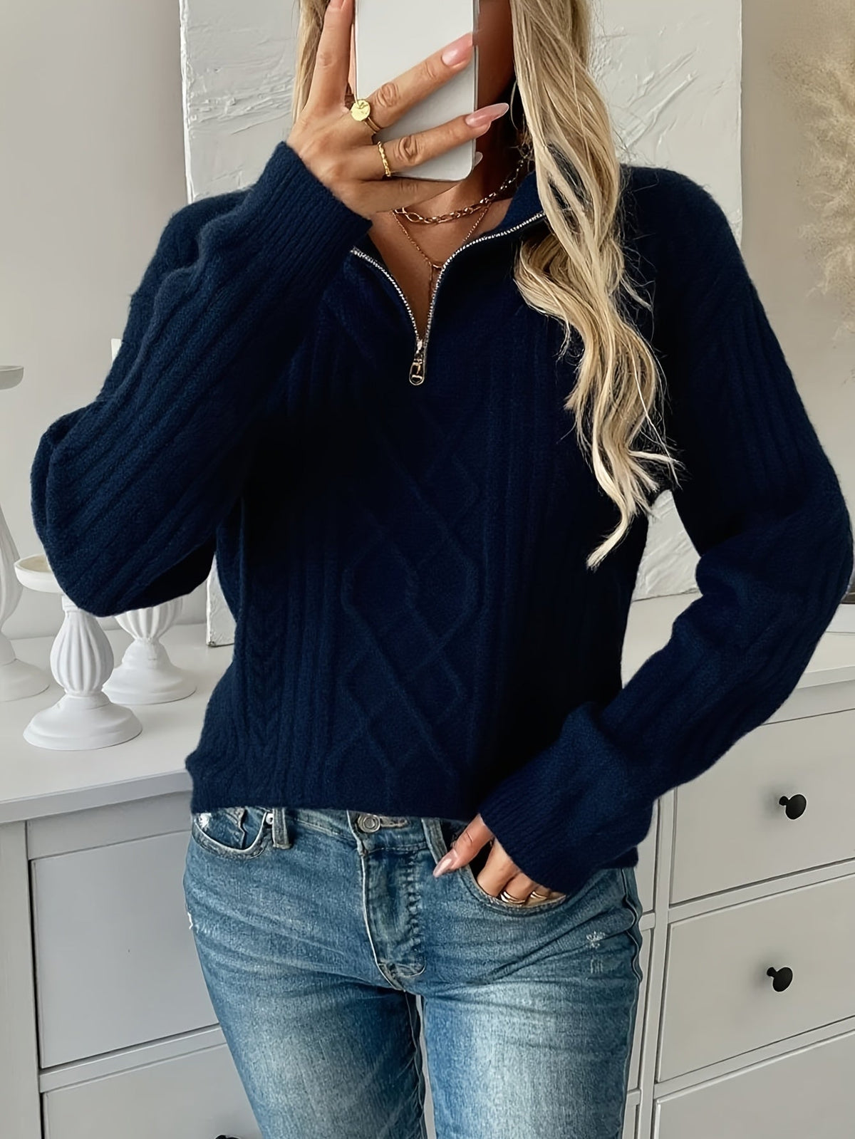 Cable Knit Quarter Zip Sweater for Women