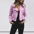 Classic Women's Biker Jacket with Wide Lapel and Asymmetric Zip Front