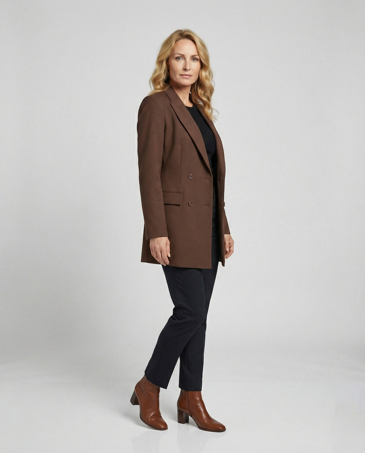 Tailored Double-Breasted Blazer Dress with Notched Lapels and Structured Shoulders
