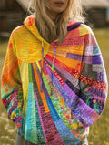 Women's Bohemian Multicolor Patchwork Hoodie with Sunburst Design