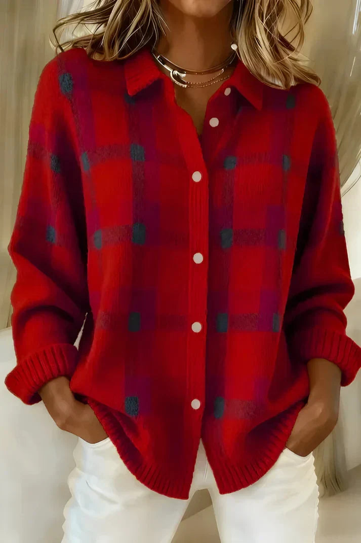 Women's Elegant Cozy Checkered Longline Cardigan
